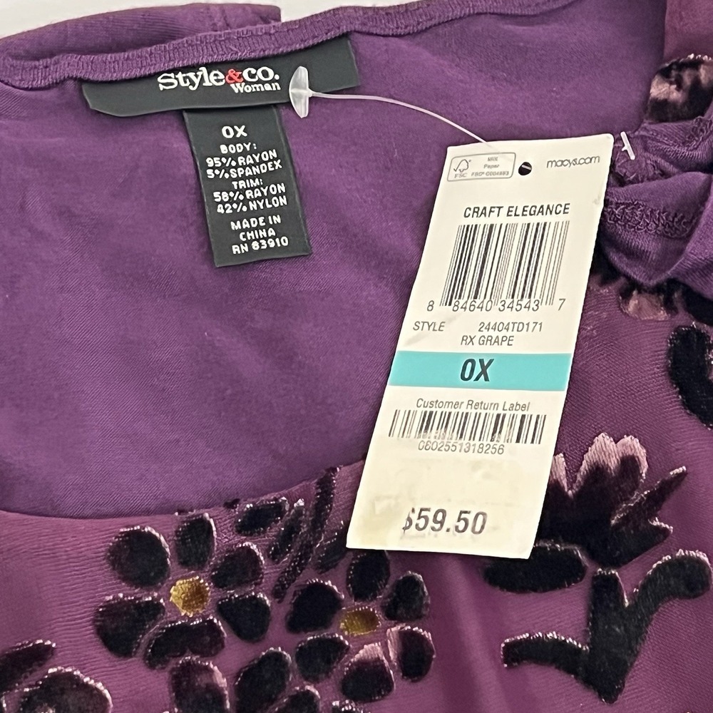 Style & Co Blouse Size OX Paisley Floral Velvet Front Panel Long Sleeve Top New - Picture 12 of 13
